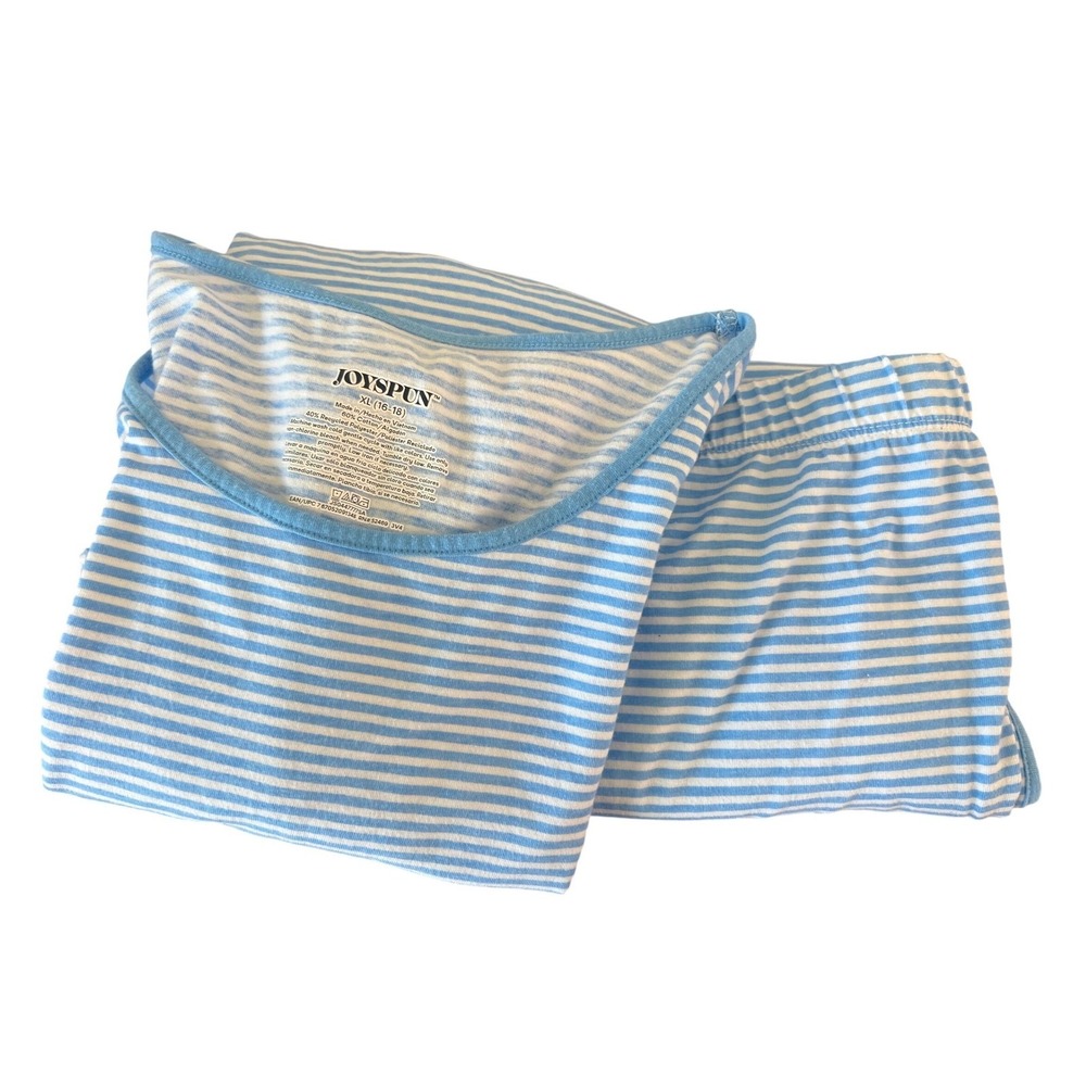 Joyspun Blue White Striped Pajama Set XL 16-18 Short Sleeve Top Pants 2pc Cotton